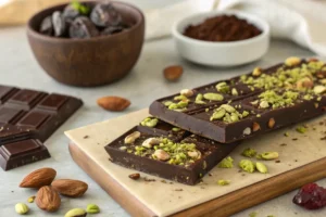 Close-up view of a Dubai chocolate bar with dark chocolate, pistachios, and dates