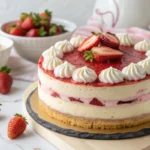 Strawberry cream cheese cake topped with fresh strawberries on a plate