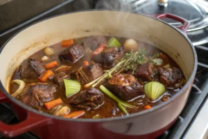 Oxtails and short ribs braising in a Dutch oven.