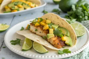 Rockfish tacos with avocado, mango salsa, and lime garnish 