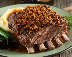 Close-up of beef short ribs seasoned with oxtail seasoning, garnished with fresh herbs, served on a rustic plate with a side of mashed potatoes.