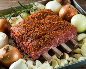 Close-up of beef short ribs seasoned with oxtail seasoning, garnished with fresh herbs, served on a rustic plate with a side of mashed potatoes.