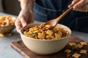 Freshly baked Chex Mix on a baking sheet