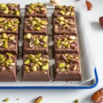 A tray of finished Dubai chocolate bars with pistachios and dates.