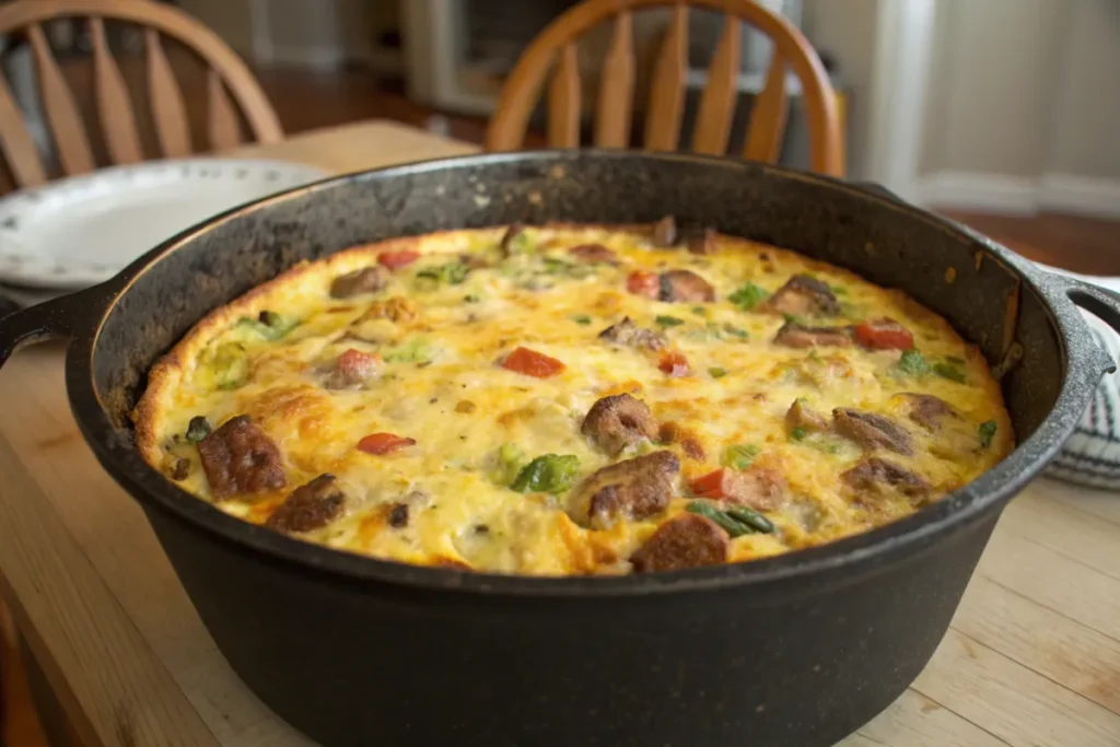 A close-up of a Dutch oven breakfast casserole with braised chicken, baby potatoes, and carrots in a savory sauce, garnished with fresh herbs