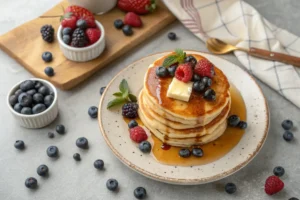 Stack of hotcakes mix recipe with berries and syrup