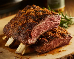 Close-up of beef short ribs seasoned with oxtail seasoning, garnished with fresh herbs, served on a rustic plate with a side of mashed potatoes.