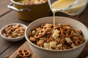 Freshly baked Chex Mix on a baking sheet