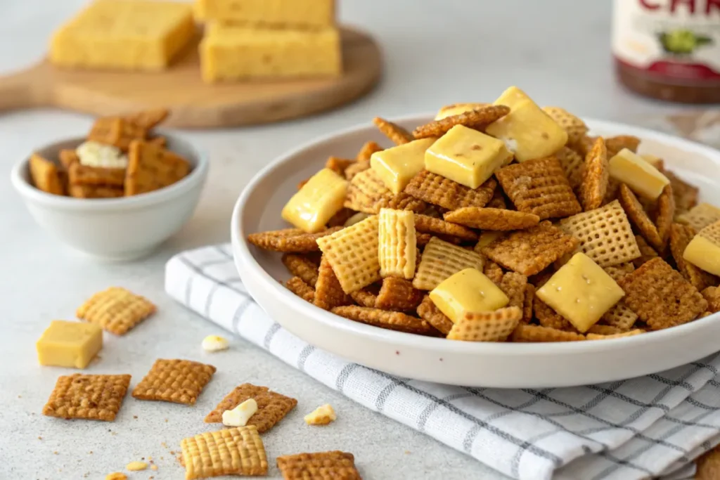 Why do people put butter on Chex Mix? Freshly baked Chex Mix on a baking sheet