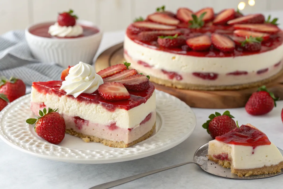 Strawberry cream cheese cake topped with fresh strawberries, ready to serve.