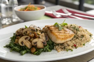 Lion's Mane Mushroom Recipe served with quinoa and greens