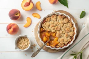  Slice of peach crisp with a crispy oat topping.