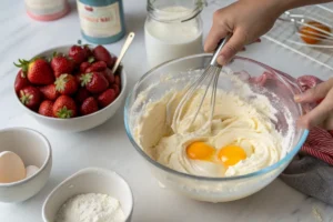 Mixing the creamy filling for strawberry cream cheese cake.