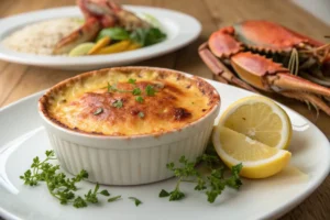 Elegant Crab Brulee served in a ramekin with a golden caramelized sugar crust on top