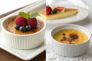 Close-up of a classic crème brûlée with a cracked caramelized top