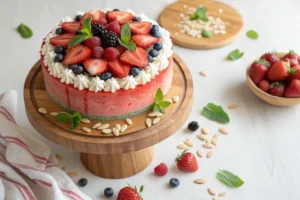 Overhead view of a whole watermelon cake decorated with whipped cream, fresh berries, slivered almonds, and mint leaves, presented on a rustic wooden cake stand."