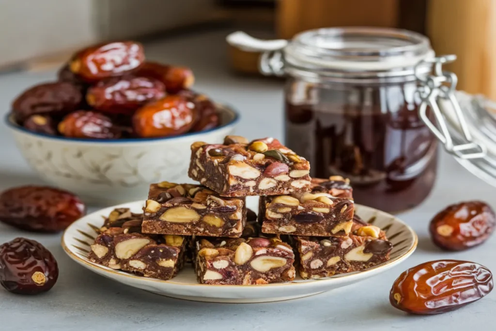 Close-up of a delicious date palm recipe dessert garnished with nuts and a drizzle of honey, served on a decorative plate