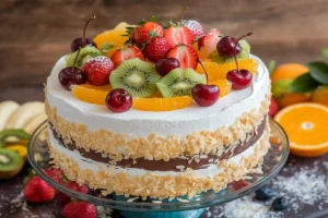 A vibrant and colorful bowl of Fruit Suedoise with fresh mixed fruits and a drizzle of syrup.