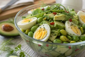 Colorful Edamame Egg Salad with fresh vegetables, hard-boiled eggs, and a light dressing.