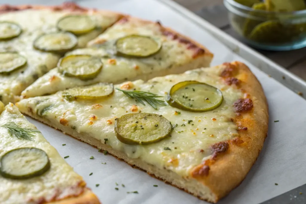 What does pickle pizza taste like? A close-up of it