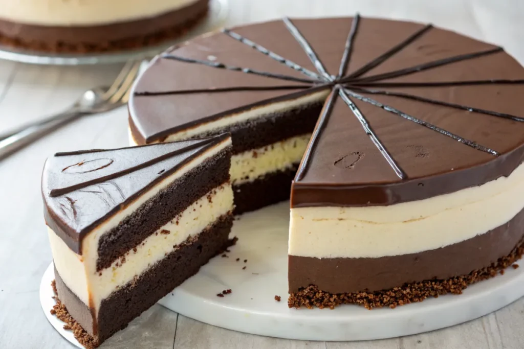 What is the tuxedo cake made of? Chocolate tuxedo cake layers.