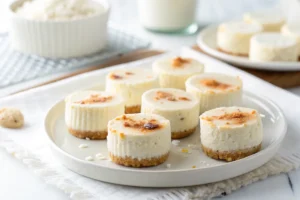 A plate of homemade cottage cheese cheesecake bites.