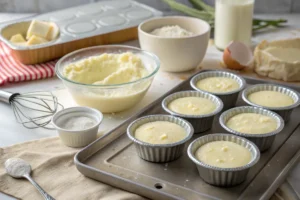 Baking molds with cottage cheese cheesecake bites batter.