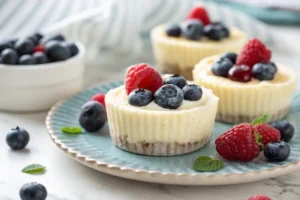 Close-up shot of cottage cheese cheesecake bites with berries.