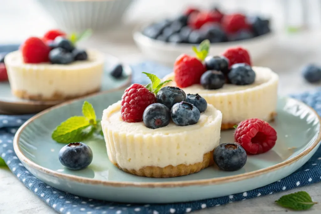 Close-up shot of small cottage cheese cheesecake bites with berries.