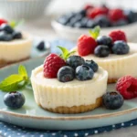 Close-up shot of small cottage cheese cheesecake bites with berries.