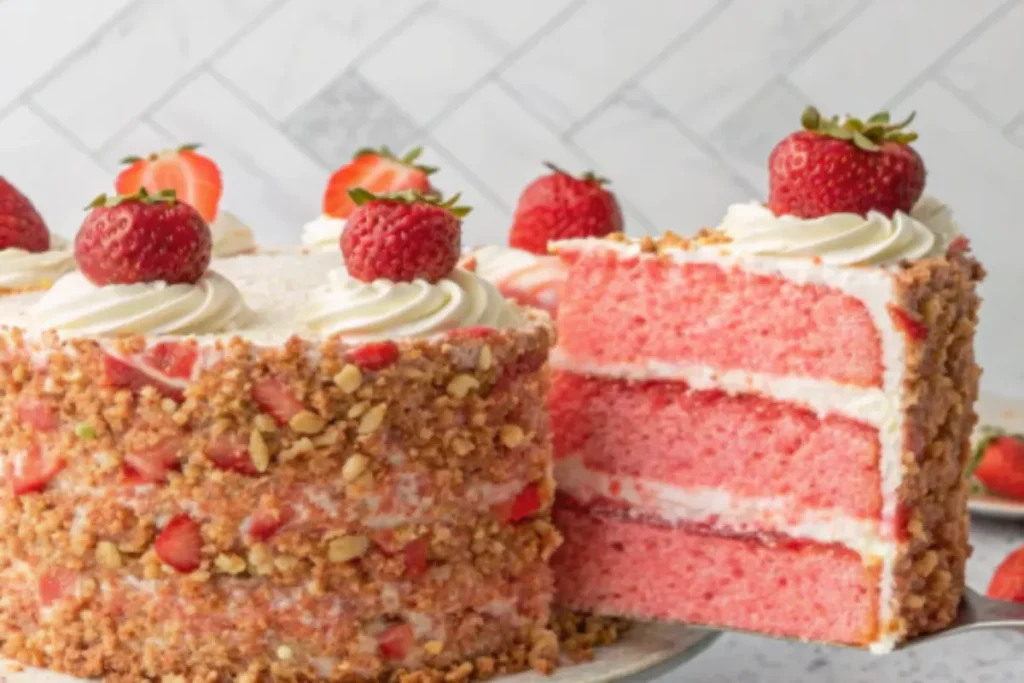 SCan I make strawberry crunch cake ahead of time?sliced to show layers.