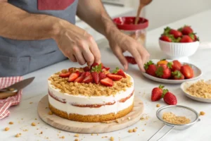 Preparing a strawberry crunch cake to make it ahead of time.