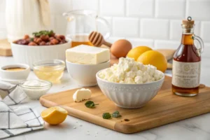 Cottage cheese cheesecake bites ingredients displayed on counter.