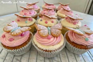 A tiered stand displays many colorful butterfly cakes, ready for a party