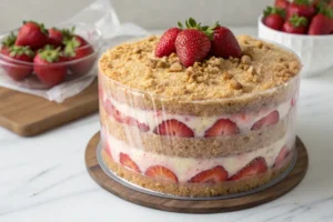 The cake layers perfectly wrapped to be made ahead of time for a strawberry crunch cake.