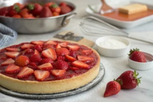 Strawberry filling with fresh strawberries for making a cake ahead of time.