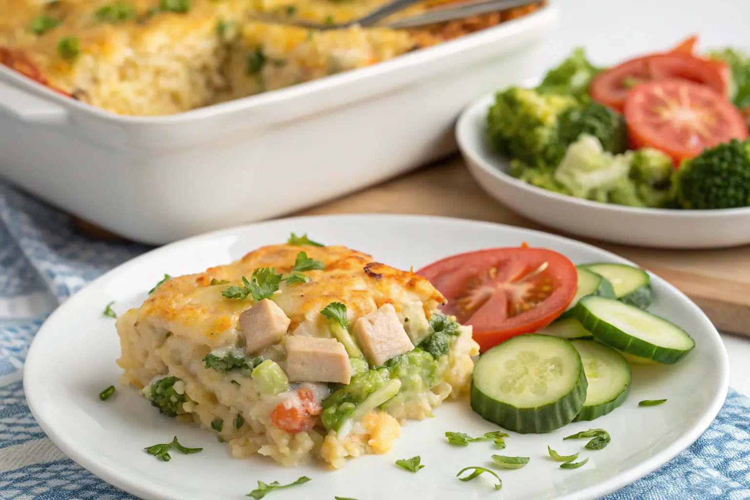 Serving suggestion for chicken broccoli rice casserole.